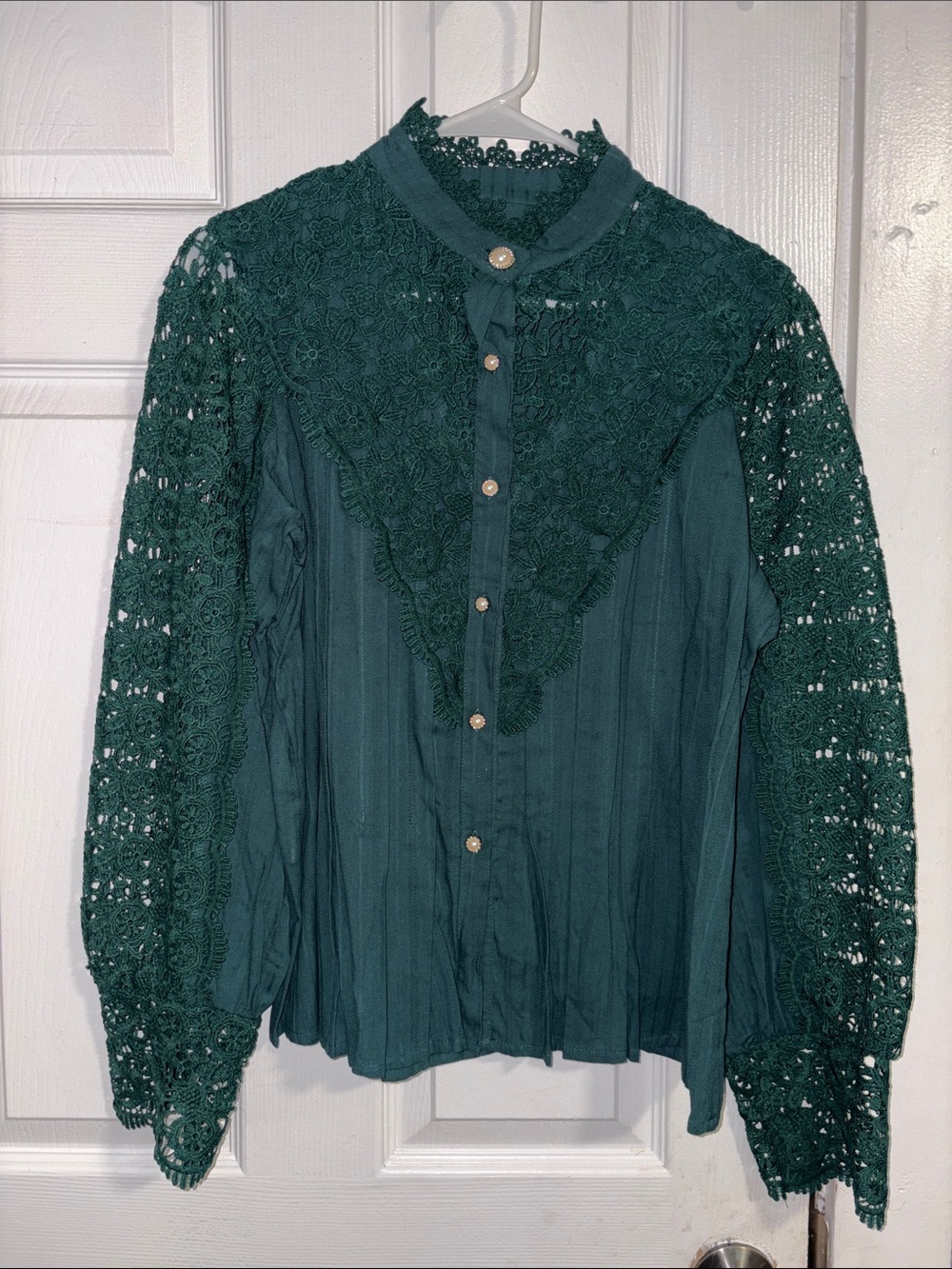 Lace-Detail Long Sleeve Blouse - Dark Teal